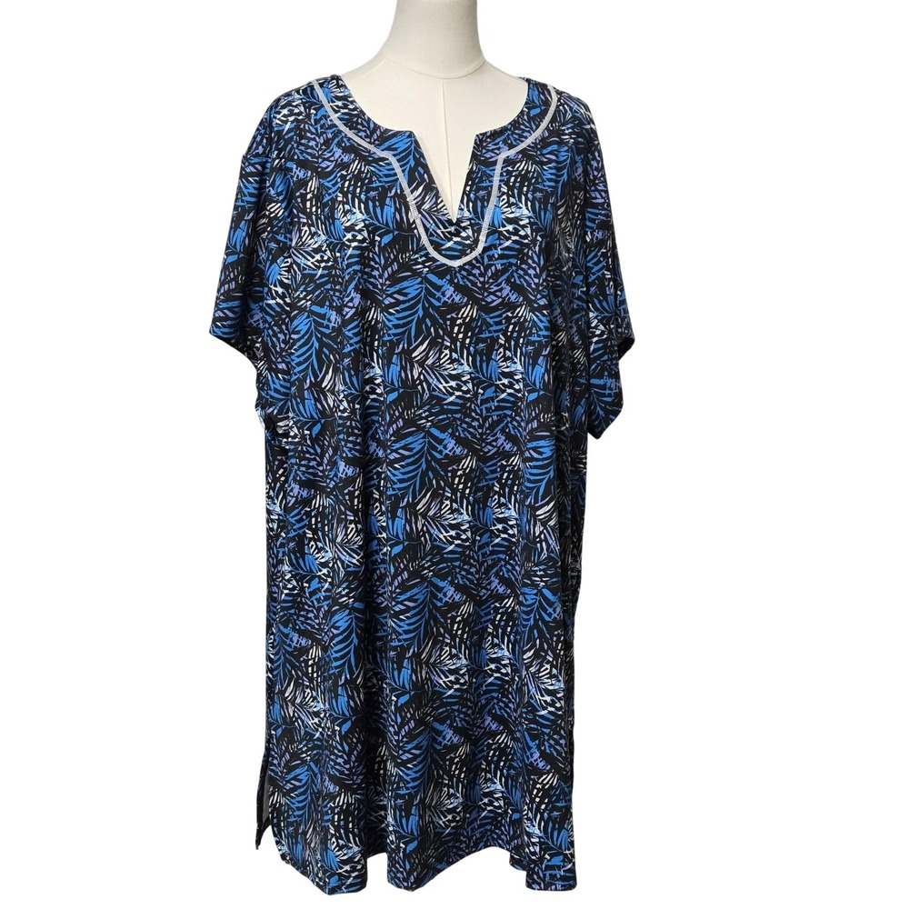 Swimsuits For All Cover Up Tunic Womens 30 Blue Tropical Leaf Beachwear‎